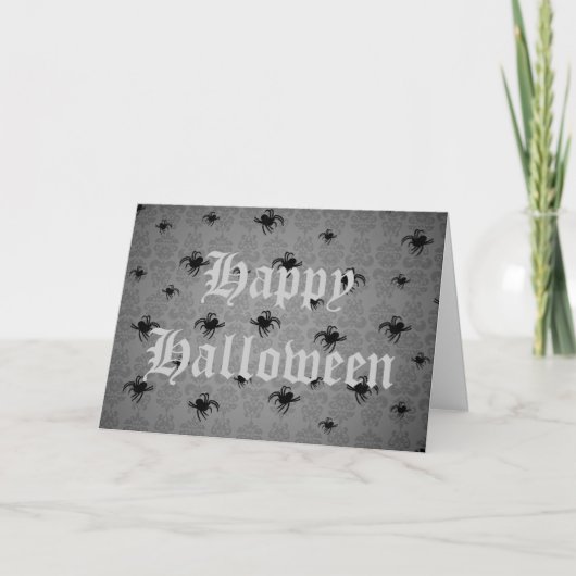 灰色の色あせたダマスクのハロウィーンのクモ カード (正面)