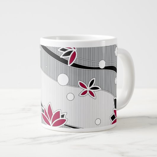 灰色の花に赤い蓮のストライプ花 ジャンボコーヒーマグカップ (正面右)