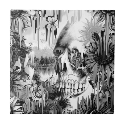 灰色の花のスカルを溶かす5月のシャワー タイル (正面)