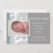 灰色の花のリボンの誕生の発表-ターコイズ 案内状 (正面)