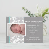 灰色の花のリボンの誕生の発表-ターコイズ 案内状 (スタンド正面)