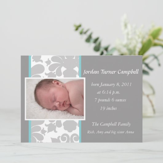 灰色の花のリボンの誕生の発表-ターコイズ 案内状 (スタンド正面)