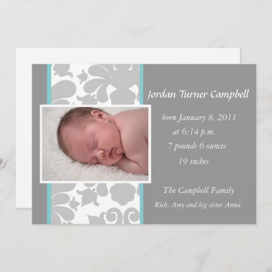 灰色の花のリボンの誕生の発表-ターコイズ 案内状 (正面/裏面)