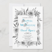 灰色の花の男の子バプテスマと1番目の誕生日の青 招待状 (正面)