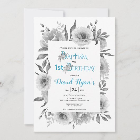 灰色の花の男の子バプテスマと1番目の誕生日の青 招待状 (正面)