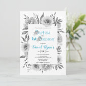 灰色の花の男の子バプテスマと1番目の誕生日の青 招待状 (スタンド正面)