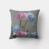 灰色の芸術のピンク及び青ケシの花 クッション (裏面)