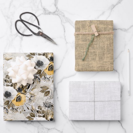 灰色の茶色の背景に白い黄色のアネモネ。 ラッピングペーパーシート (正面)