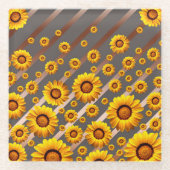 灰色の茶色の花に美しい黄色のストライプ花 ガラスコースター (正面)