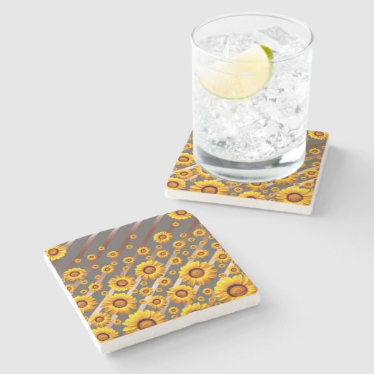 灰色の茶色の花に美しい黄色のストライプ花 ストーンコースター (横)