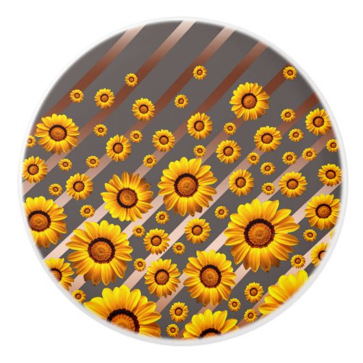 灰色の茶色の花に美しい黄色のストライプ花 セラミックノブ (正面)