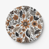 灰色の茶色の花柄の秋結婚の ペーパープレート (正面)