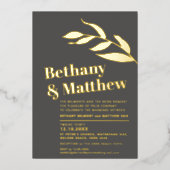 灰色の茶色の葉ミニマリストの金ゴールドホイル結婚ズ 箔招待状 (正面)