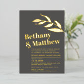 灰色の茶色の葉ミニマリストの金ゴールドホイル結婚ズ 箔招待状 (立ち正面)