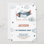 灰色の茶色の飛行機誕生日招待状 招待状 (正面)