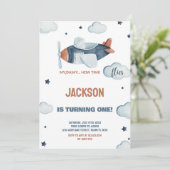 灰色の茶色の飛行機誕生日招待状 招待状 (スタンド正面)