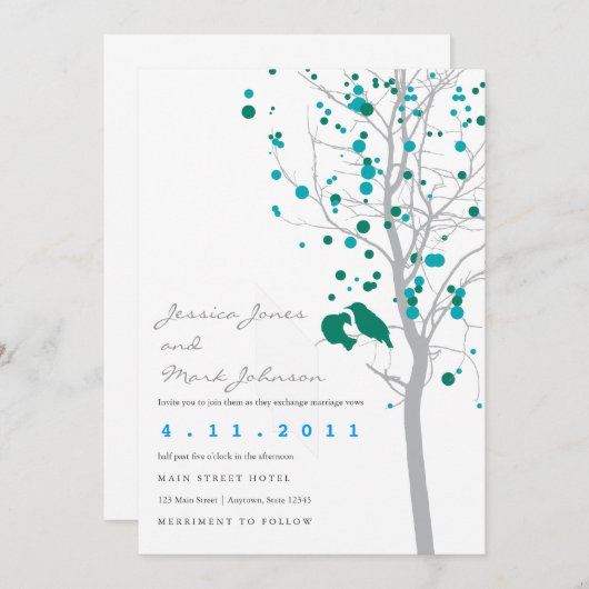 灰色の葉が付いている木の孔雀青愛鳥 招待状 (正面/裏面)