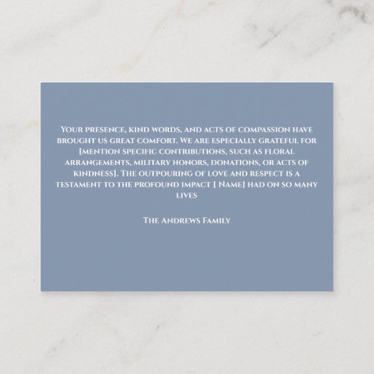 灰色の葬儀記念家族サンキューカード 名刺 (裏面)