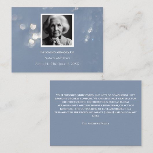 灰色の葬儀記念家族サンキューカード 名刺 (正面/裏面)