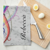 灰色の虹の黒い音符 キッチンタオル (四つ折り)