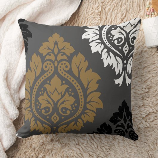 灰色の装飾的なダマスク織の芸術Iの金ゴールドの白黒 クッション (ブランケット)