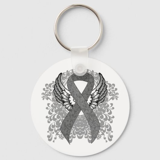 灰色の認識度リボン（翼あり） キーホルダー (正面)