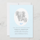 灰色の象の母親と男の赤ちゃんのシャワーライトブルー 招待状 (正面)