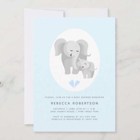 灰色の象の母親と男の赤ちゃんのシャワーライトブルー 招待状 (正面)