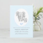 灰色の象の母親と男の赤ちゃんのシャワーライトブルー 招待状 (スタンド正面)