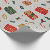 灰色の赤と金色の図解入りの、写真付きのクリスマス ラッピングペーパー (角)