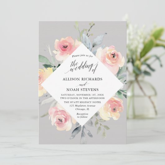 灰色の赤面のピンクの花のモダンで幾何学的な結婚式 招待状 (スタンド正面)