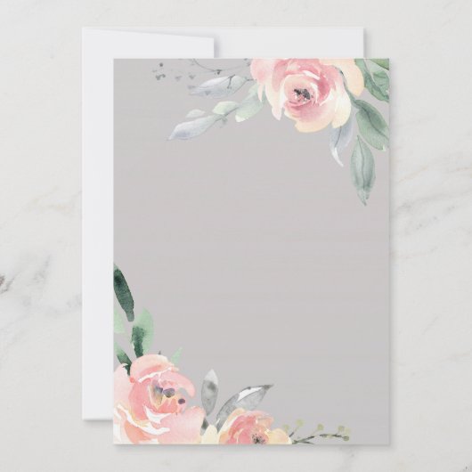 灰色の赤面のピンクの花のモダンで幾何学的な結婚式 招待状 (裏面)