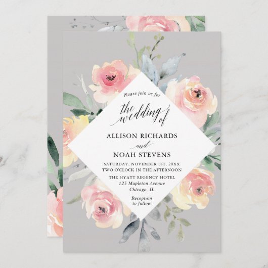 灰色の赤面のピンクの花のモダンで幾何学的な結婚式 招待状 (正面/裏面)