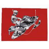 灰色の迷彩パターンのスノーモービル ラージペーパーバッグ (裏面)