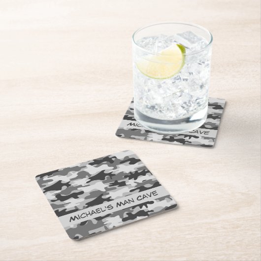 灰色の迷彩柄のカムフラージュの名前のパーソナライズな人の洞窟 スクエアペーパーコースター (インサイチュ)