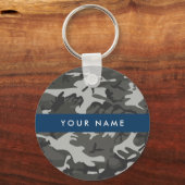 灰色の迷彩模様、お名前、パーソナライズ キーホルダー (正面)