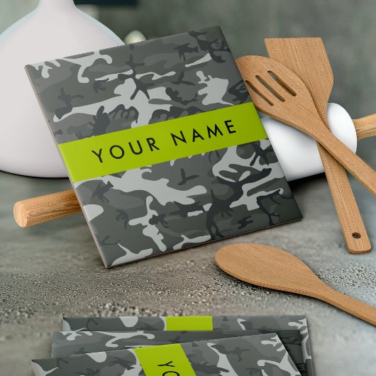 灰色の迷彩模様、お名前、パーソナライズ タイル