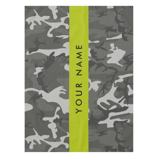 灰色の迷彩模様、お名前、パーソナライズ テーブルクロス (正面)