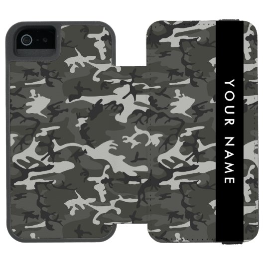 灰色の迷彩模様、お名前、パーソナライズ INCIPIO iPhoneウォレットケース (フォリオ Open)