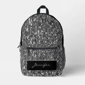 灰色の銀のグリッターは黒い名前をカスタムする プリントバックパック (正面)