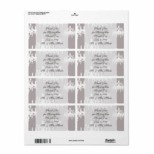 灰色の銀の美しい白いシャンデリアのダマスク ラベル (フルシート)