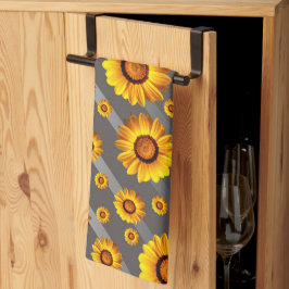 灰色の銀の花に美しい黄色のストライプ花 キッチンタオル