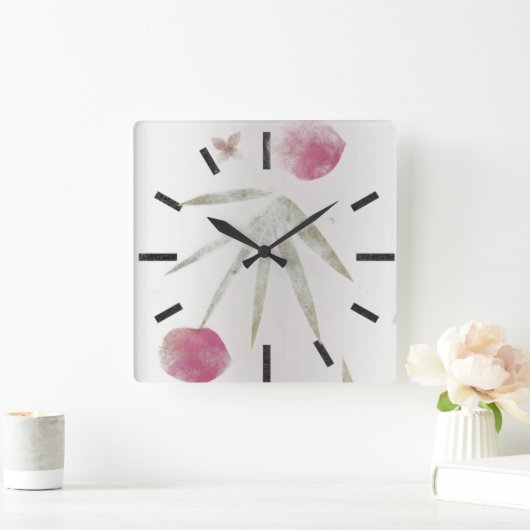 灰色の銀製の黒い花のミニマリズムの花びらは上がりました スクエア壁時計 (ホーム)