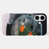 灰色の長毛種の猫と金魚鉢 Case-Mate iPhoneケース (裏面 (横))
