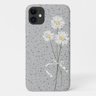 灰色の雨粒を持つ白いデイジー iPhone 11 ケース
