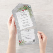 灰色の雪の松の枝QRコード オールインワン招待状 (貼ってはがせる)