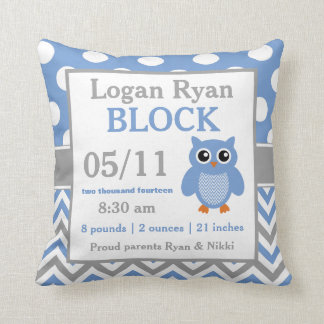 灰色の青いフクロウのベビーの発表の枕 クッション