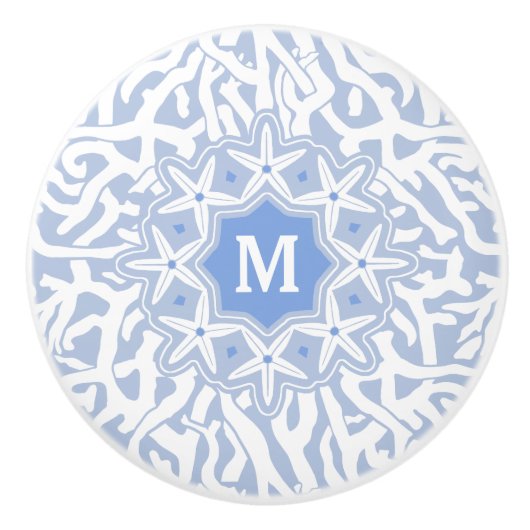 灰色の青のビーチの珊瑚礁のヒトデのモノグラム セラミックノブ (正面)