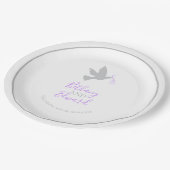 灰色の飛んでいる鳩の紫の結婚リボン ペーパープレート (アングル)