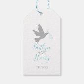 灰色の飛んでいる鳩の鳥の青い結婚リボ感謝していンズ ギフトタグ (正面)
